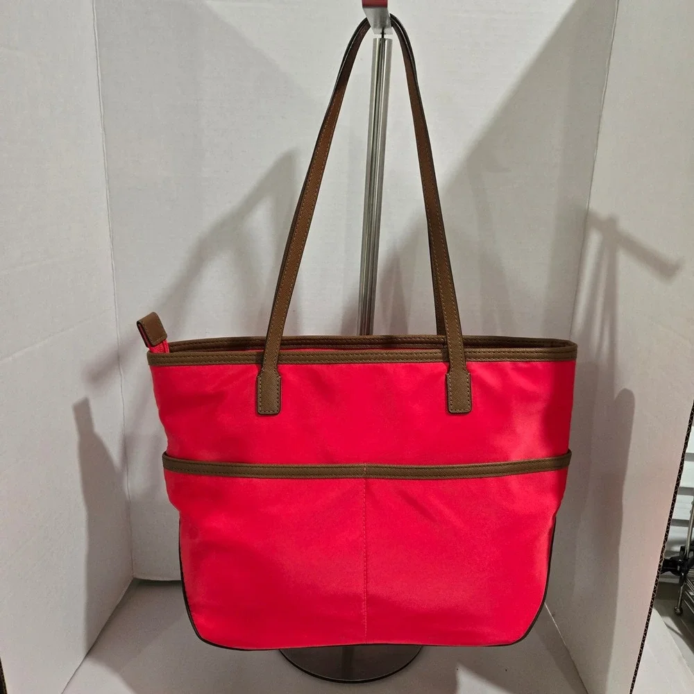 Michael Kors Polly Tote Bag Watermelon Coral Red Nylon Tan Leather Trim